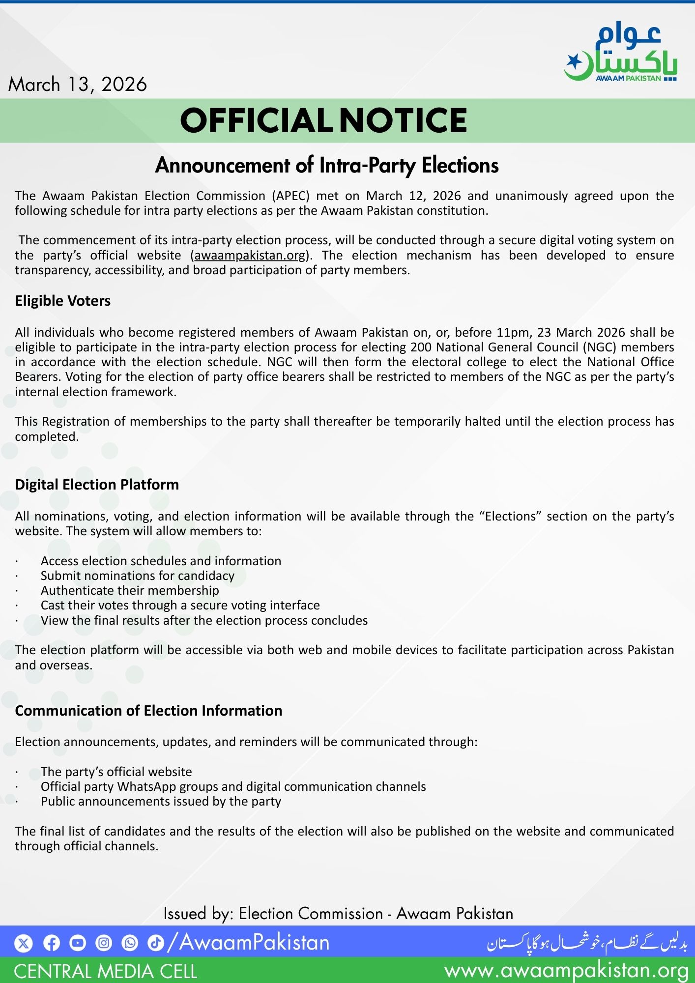 Awaam Pakistan Election Commission Announces Intra-Party Election Process