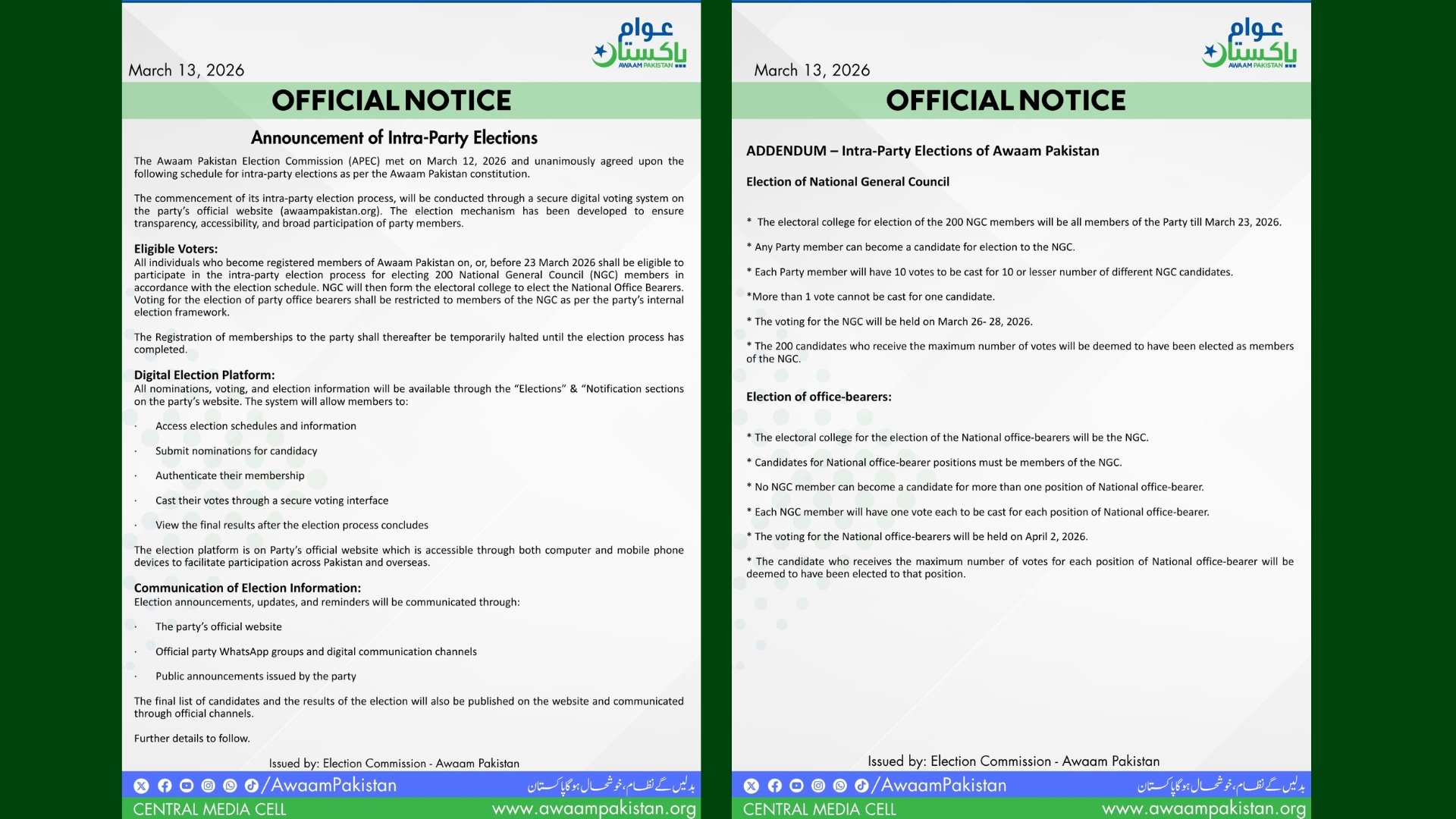 Official Announcement: Awaam Pakistan Intra-Party Elections 2026
