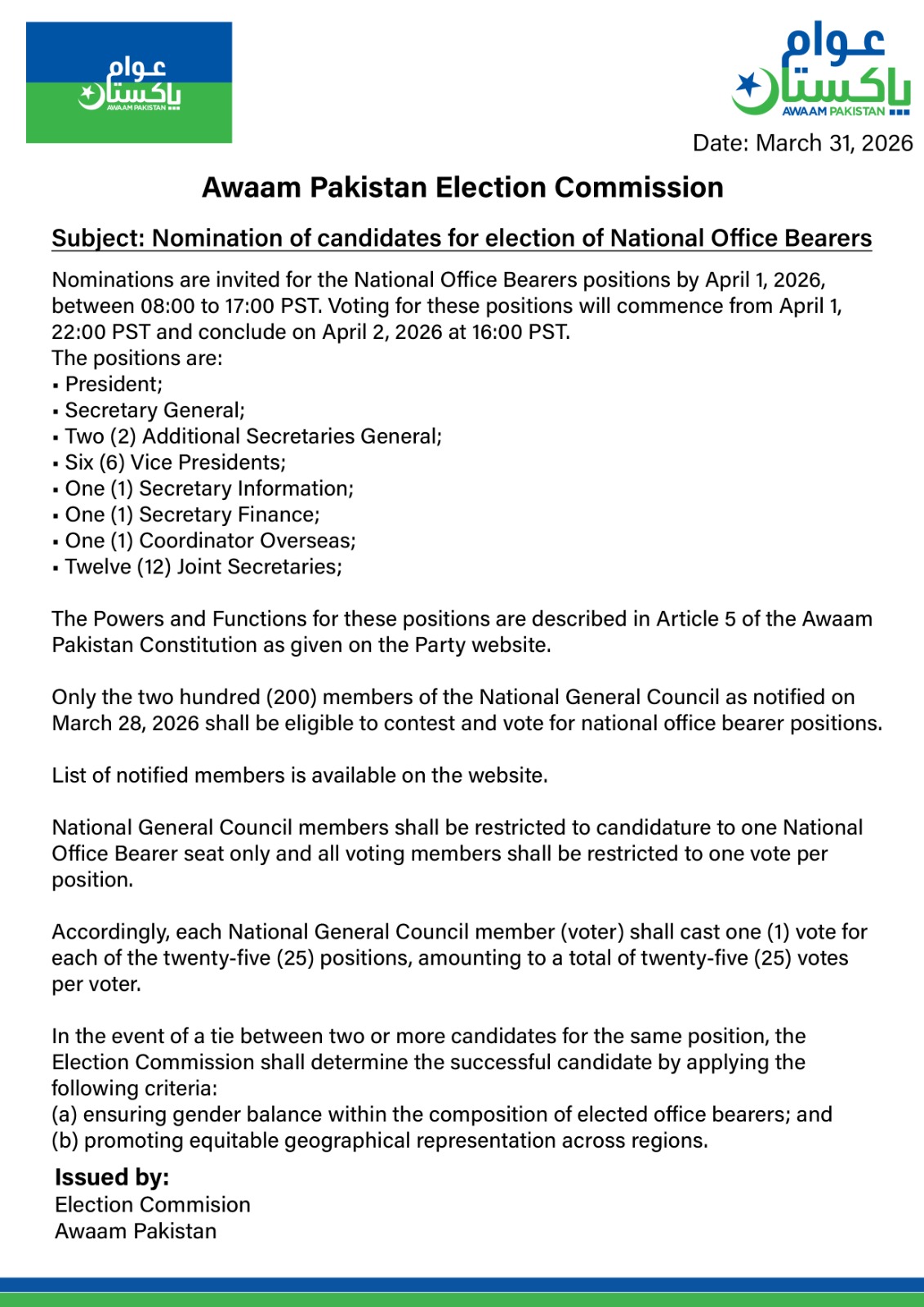 Awaam Pakistan Announces Nominations for National Office Bearers Elections