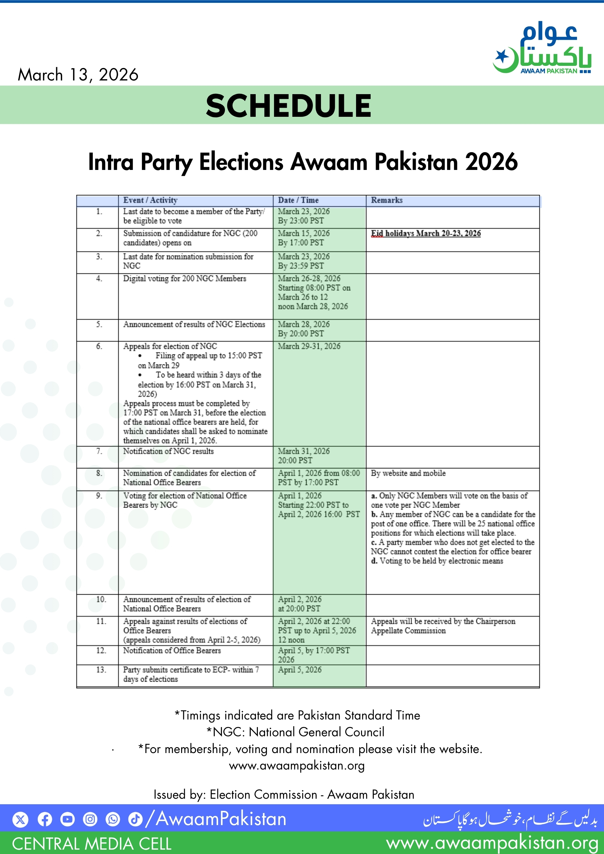 Intra-Party Elections 2026: Awaam Pakistan Announces Election Schedule